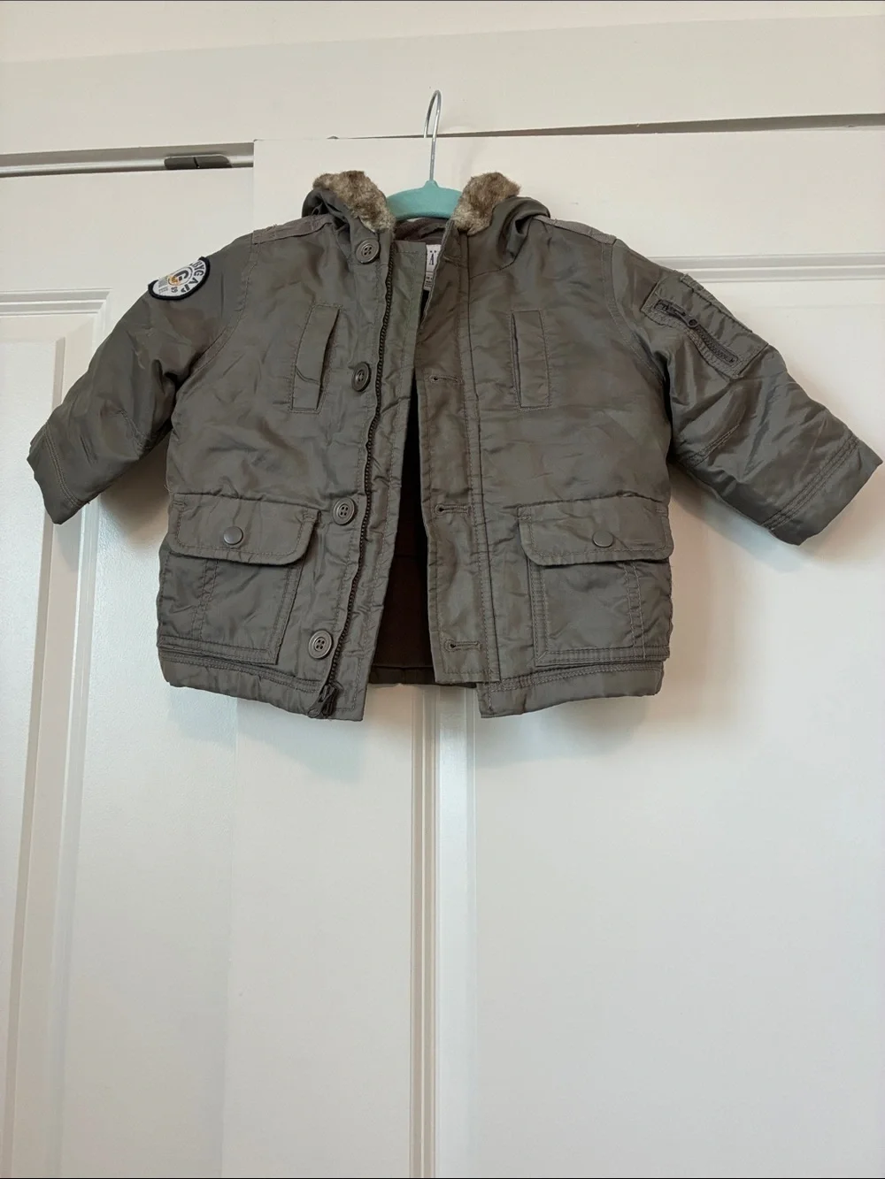 GAP Olive Green Faux-Fur Hooded Puffer Jacket